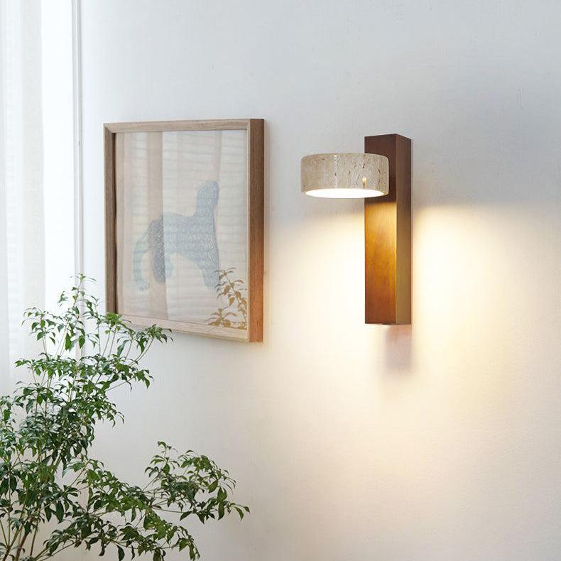 Wabi Sabi Travertine Wall Lamp Off-White | Stone & Wood LED Wall Light | Minimalist Ambient Lighting | Bedroom & Hallway Fixture