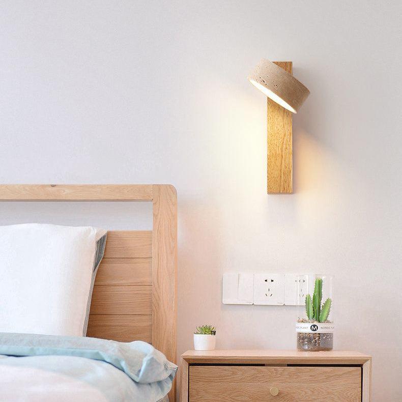 Wabi Sabi Travertine Wall Lamp Off-White | Stone & Wood LED Wall Light | Minimalist Ambient Lighting | Bedroom & Hallway Fixture