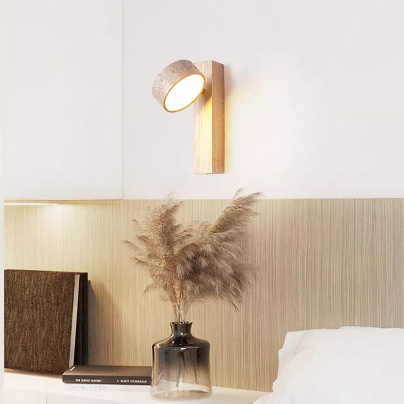 Wabi Sabi Travertine Wall Lamp Off-White | Stone & Wood LED Wall Light | Minimalist Ambient Lighting | Bedroom & Hallway Fixture