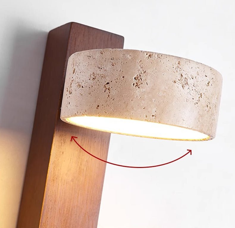 Wabi Sabi Travertine Wall Lamp Off-White | Stone & Wood LED Wall Light | Minimalist Ambient Lighting | Bedroom & Hallway Fixture