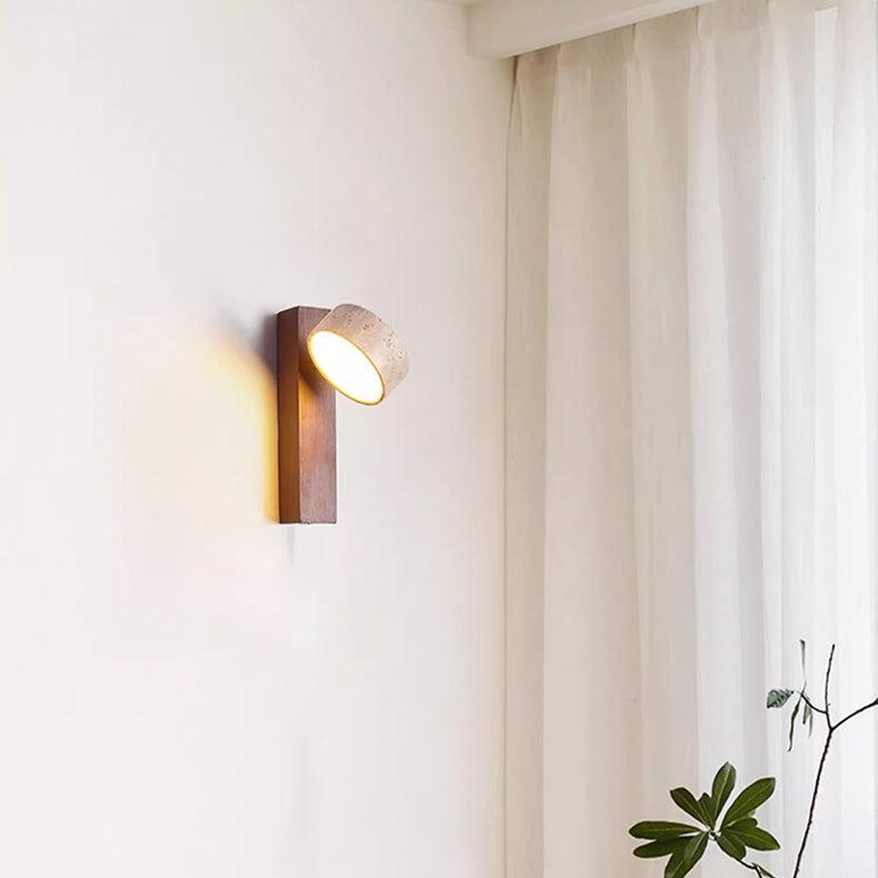 Wabi Sabi Travertine Wall Lamp Off-White | Stone & Wood LED Wall Light | Minimalist Ambient Lighting | Bedroom & Hallway Fixture