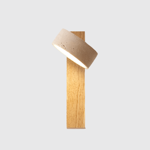 Wabi Sabi Travertine Wall Lamp Off-White | Stone & Wood LED Wall Light | Minimalist Ambient Lighting | Bedroom & Hallway Fixture