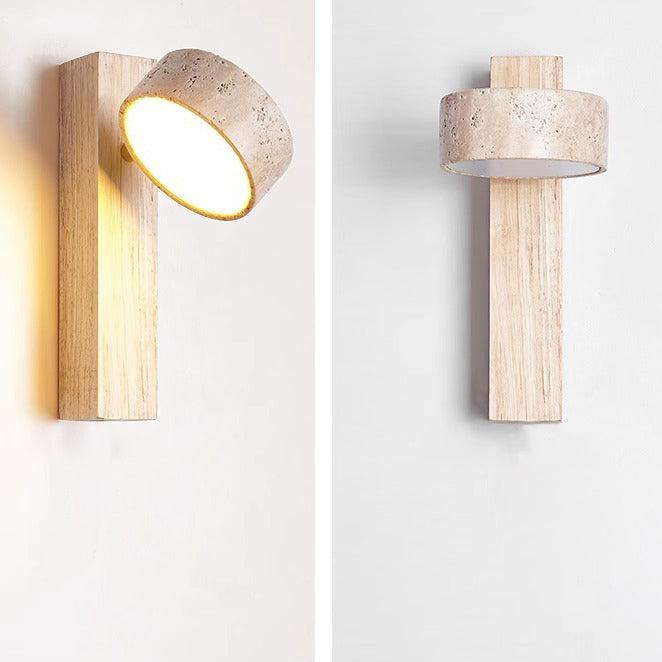Wabi Sabi Travertine Wall Lamp Off-White | Stone & Wood LED Wall Light | Minimalist Ambient Lighting | Bedroom & Hallway Fixture
