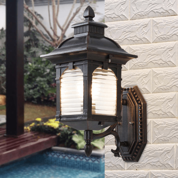 Antique Glass Outdoor Wall Lamp Black | Vintage Aluminum Glass Design | E27 Wired Light | Courtyard Garden Lighting