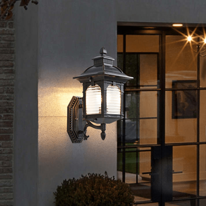 Antique Glass Outdoor Wall Lamp Black | Vintage Aluminum Glass Design | E27 Wired Light | Courtyard Garden Lighting
