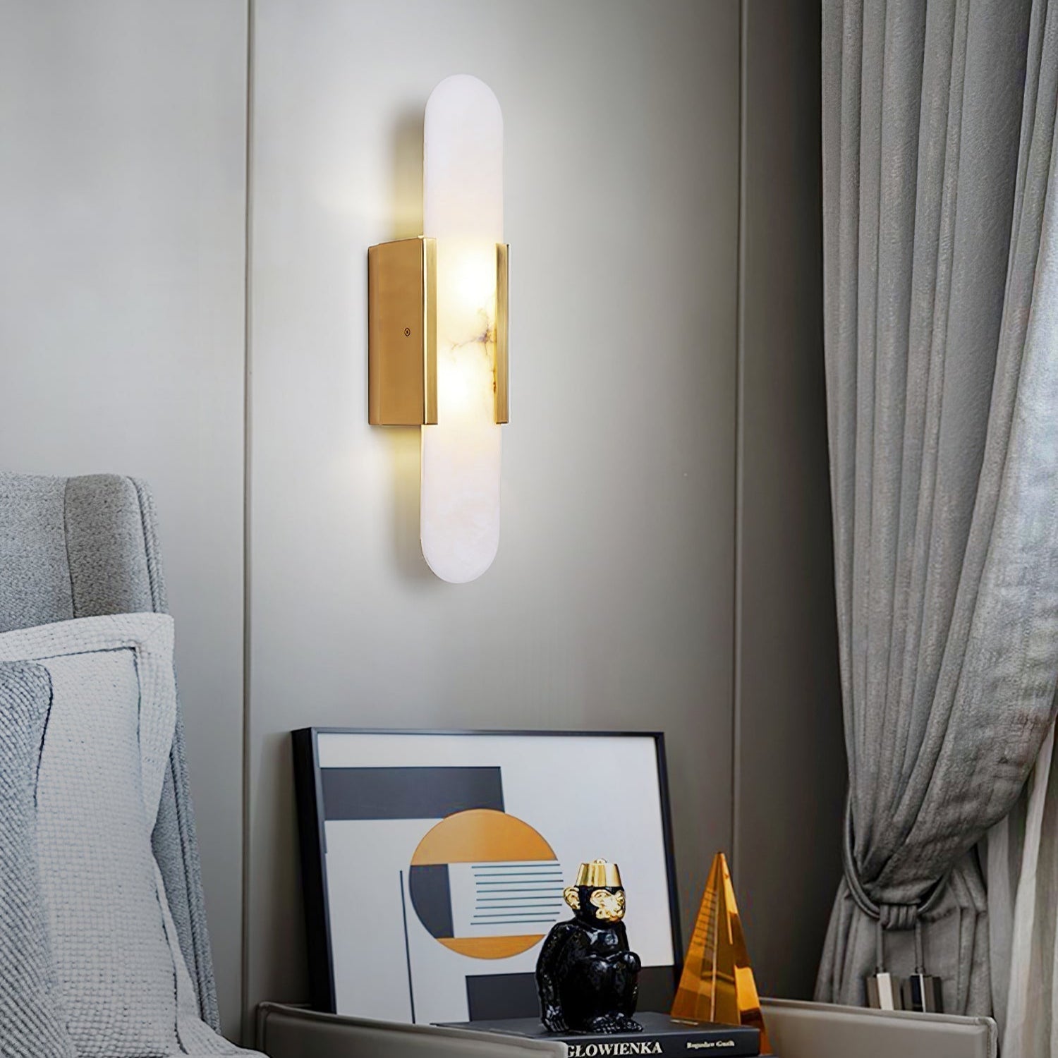 Elongated Alabaster Wall Lamp | Melange Brass & Stone Wall Light | G4 LED/Edison Fixture | Minimalist Luxury Lighting
