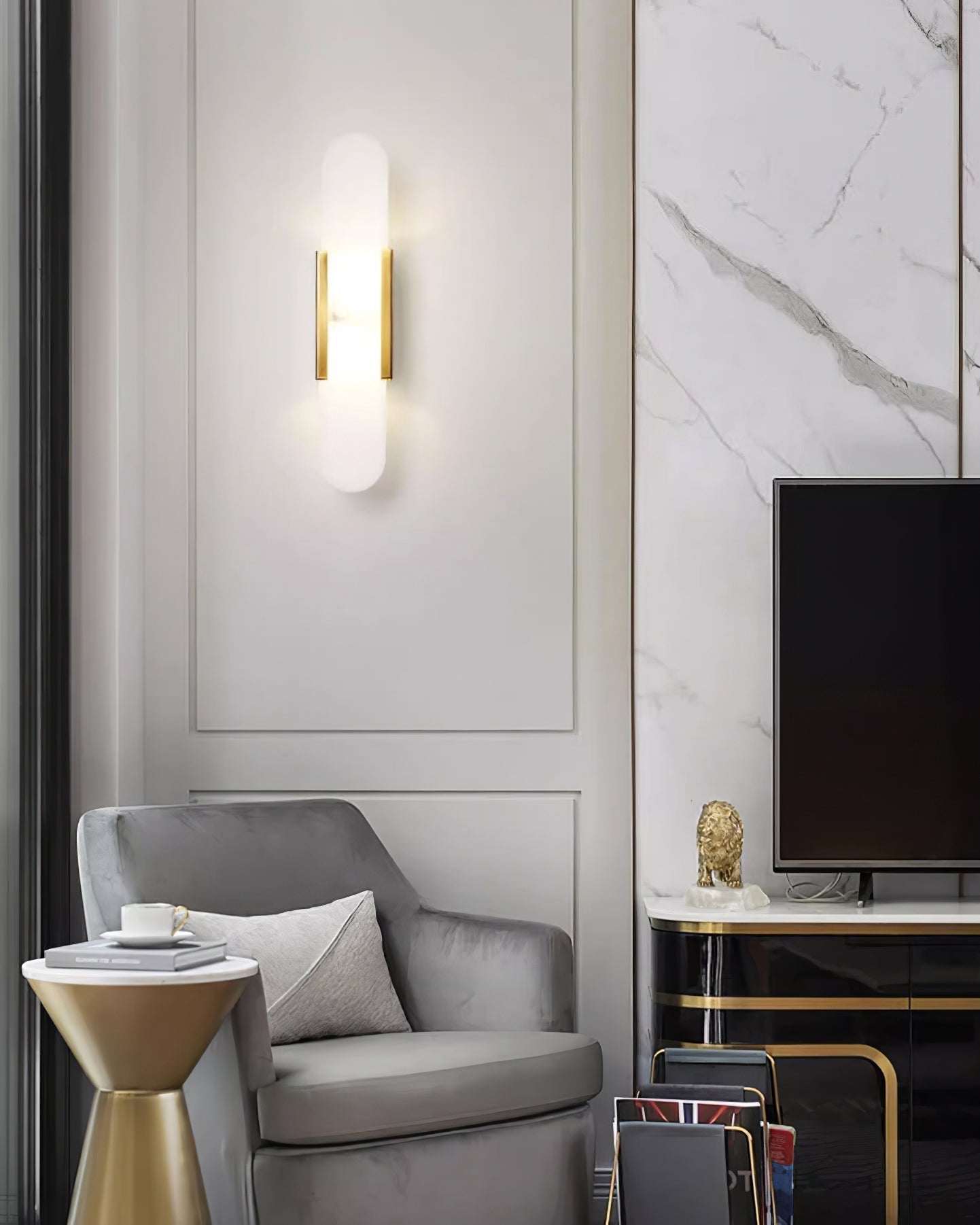 Elongated Alabaster Wall Lamp | Melange Brass & Stone Wall Light | G4 LED/Edison Fixture | Minimalist Luxury Lighting