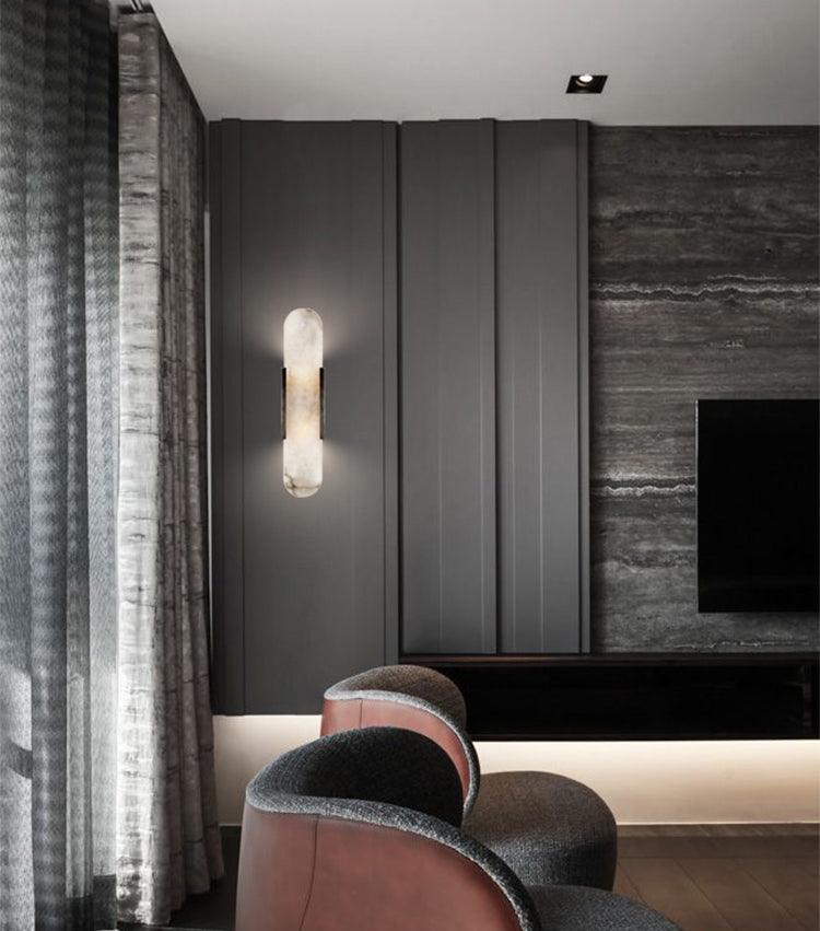 Elongated Alabaster Wall Lamp | Melange Brass & Stone Wall Light | G4 LED/Edison Fixture | Minimalist Luxury Lighting