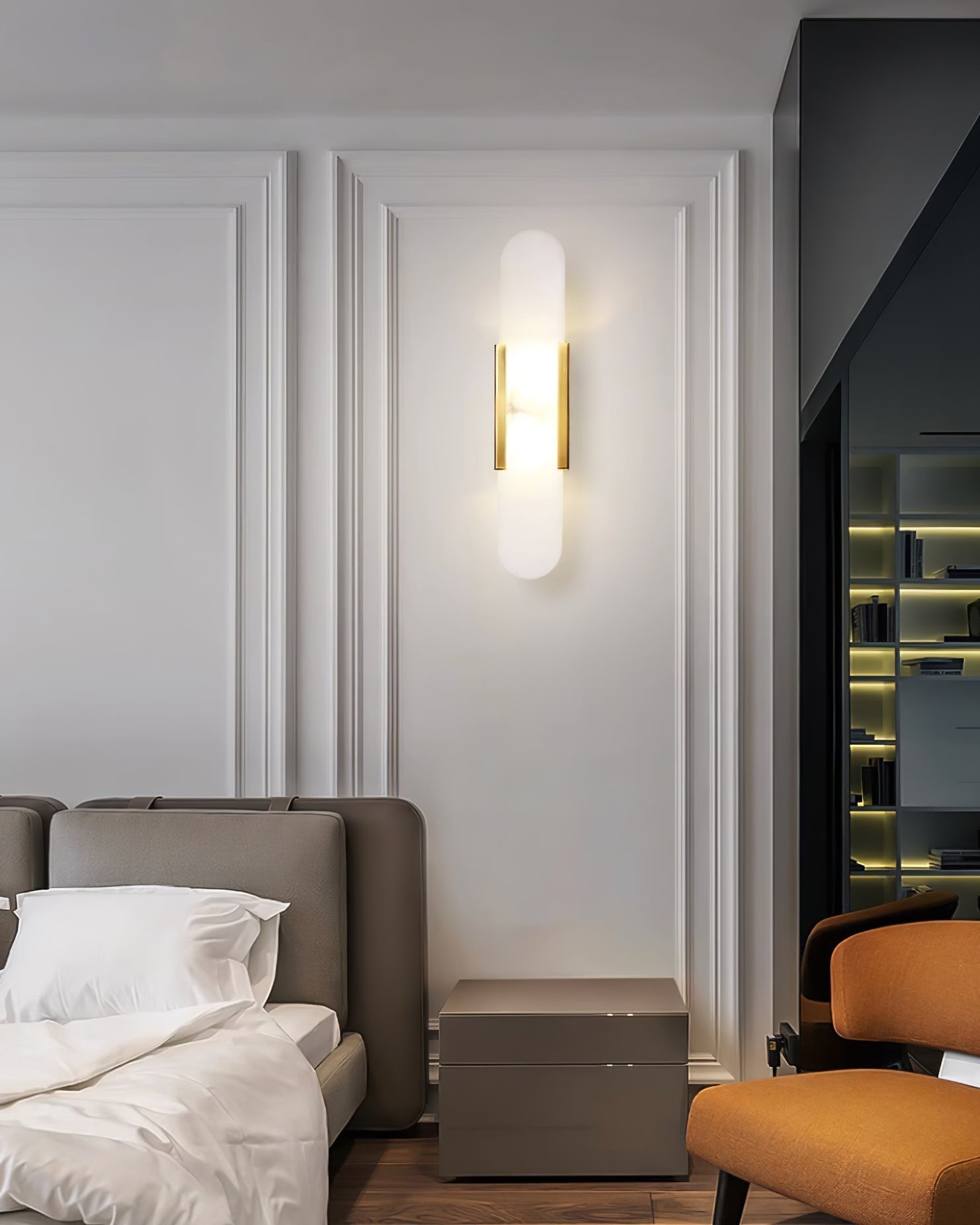 Elongated Alabaster Wall Lamp | Melange Brass & Stone Wall Light | G4 LED/Edison Fixture | Minimalist Luxury Lighting