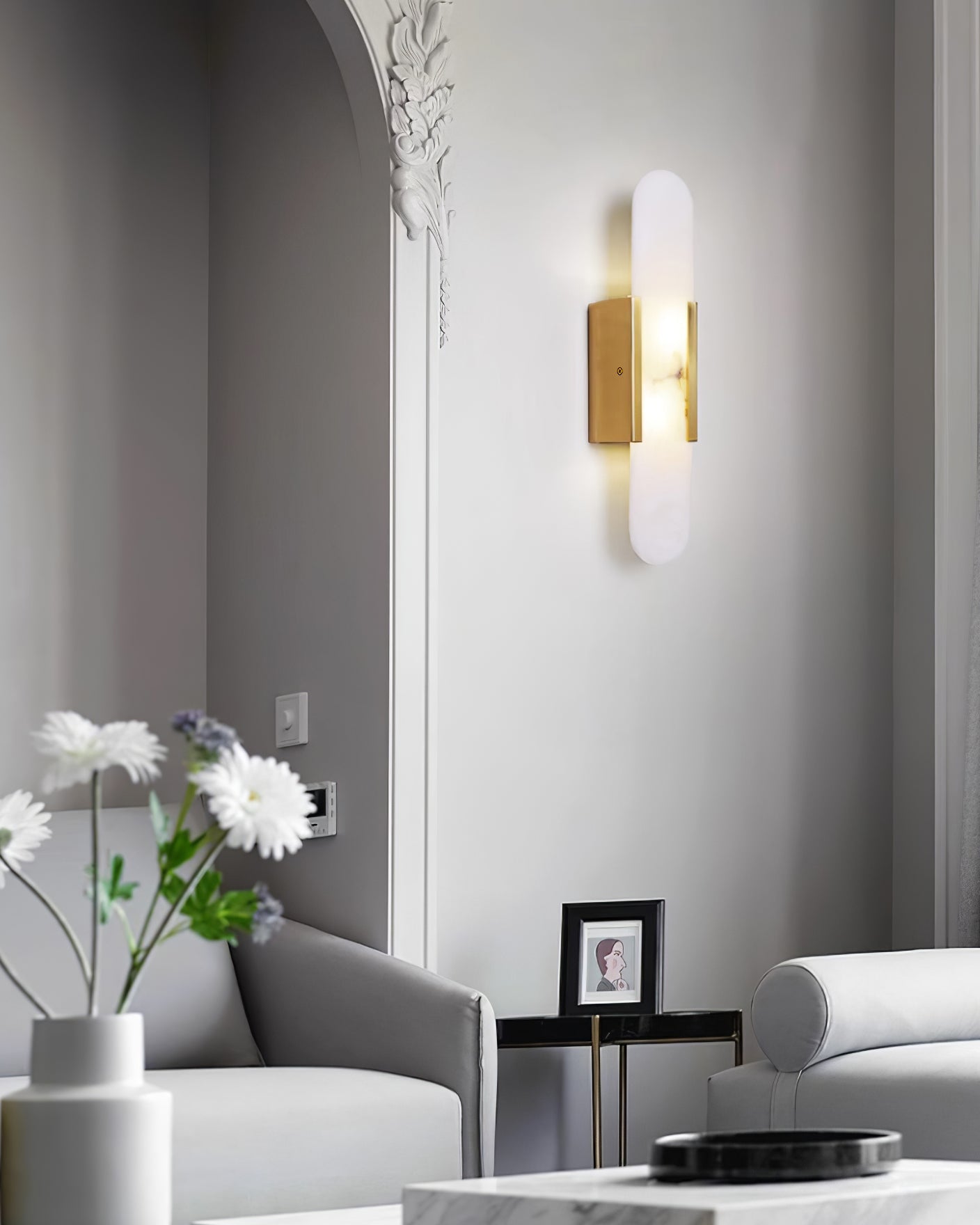 Elongated Alabaster Wall Lamp | Melange Brass & Stone Wall Light | G4 LED/Edison Fixture | Minimalist Luxury Lighting