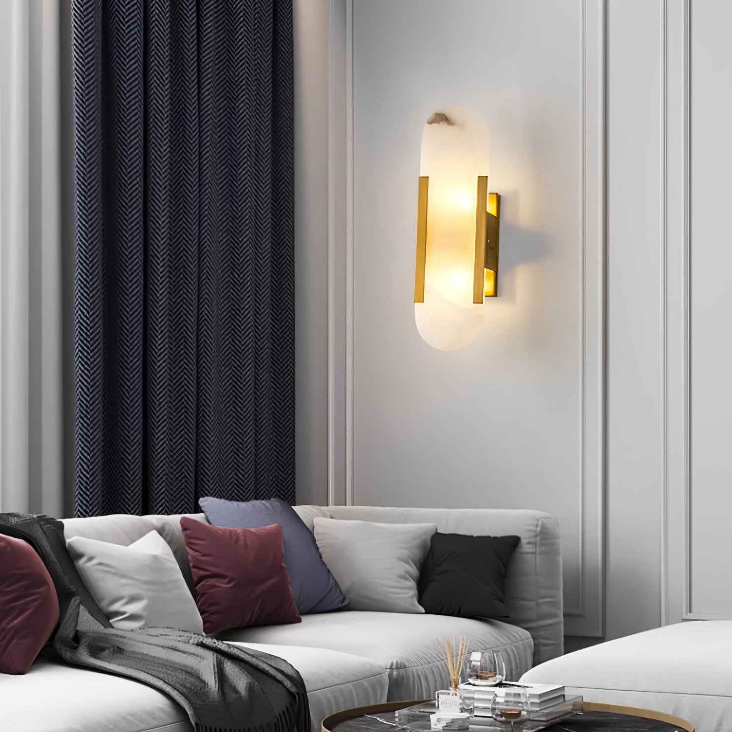 Elongated Alabaster Wall Lamp | Melange Brass & Stone Wall Light | G4 LED/Edison Fixture | Minimalist Luxury Lighting