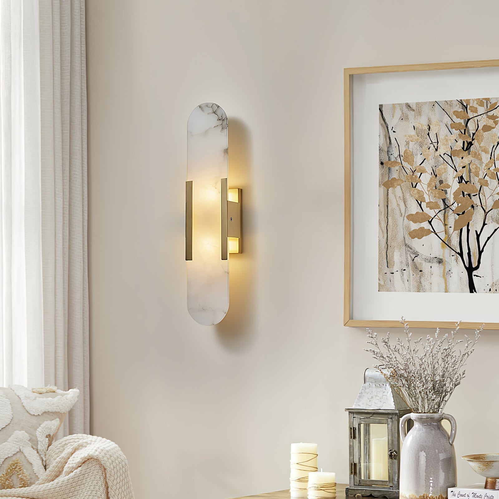 Elongated Alabaster Wall Lamp | Melange Brass & Stone Wall Light | G4 LED/Edison Fixture | Minimalist Luxury Lighting