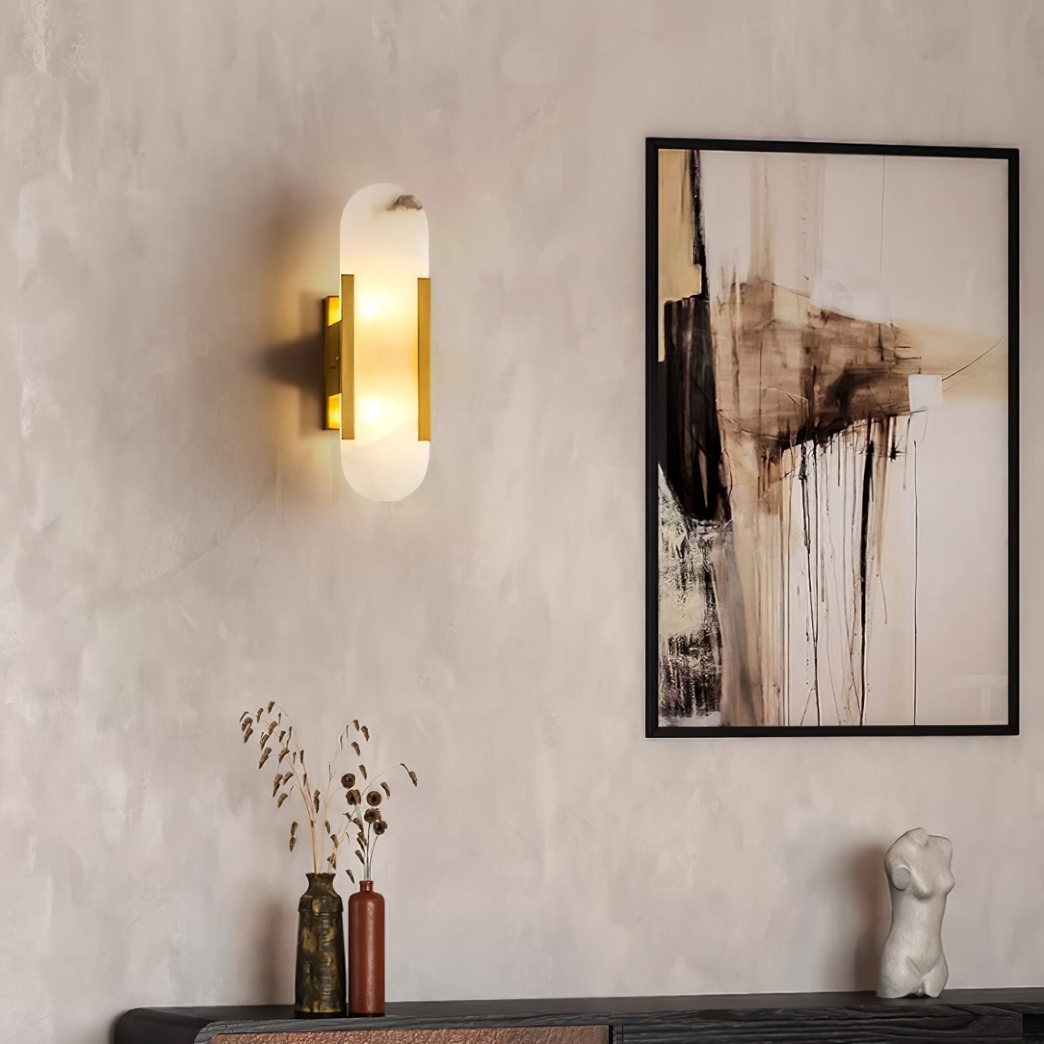 Elongated Alabaster Wall Lamp | Melange Brass & Stone Wall Light | G4 LED/Edison Fixture | Minimalist Luxury Lighting