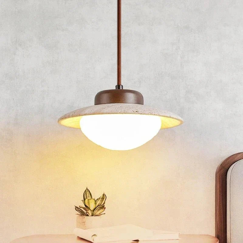 Wall Mounted Stone Pendant Lamp | Cream Stone & Walnut LED Light | Decorative Indoor Ambient Lighting | Modern Vintage Ceiling Fixture