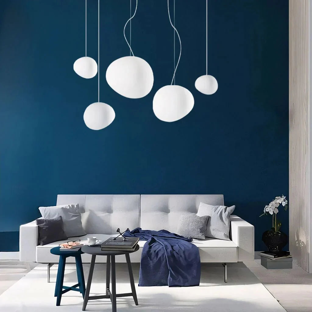 White Pebble Pendant Light | Minimalist Glass Hanging Lamp | G9/E27 LED Fixture | Modern Ambient Ceiling Lighting